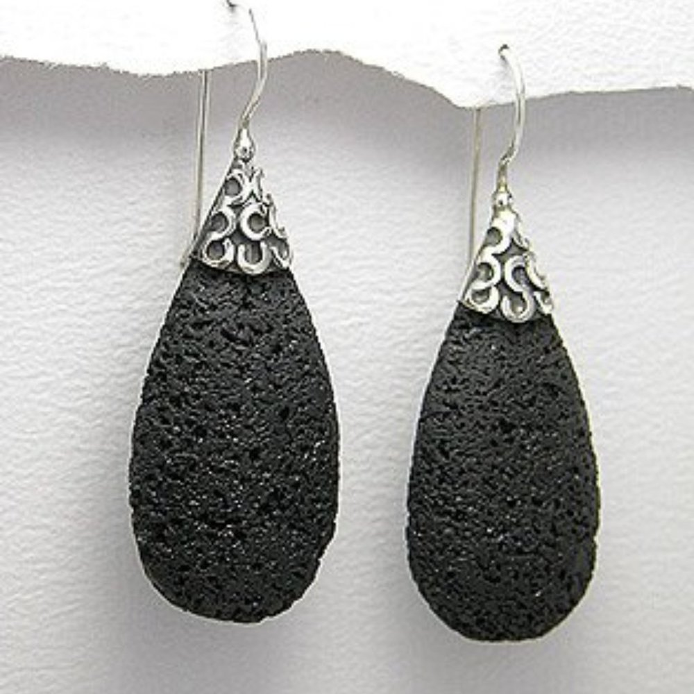 Sterling Silver Lava Rock Teardrop Earrings - NEW